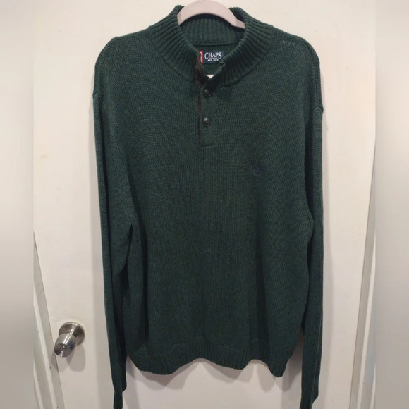 Chaps Men's Green 100% Cotton Henley Mock Neck Pullover Sweater Sz XXL-Outdoor - Picture 1 of 8